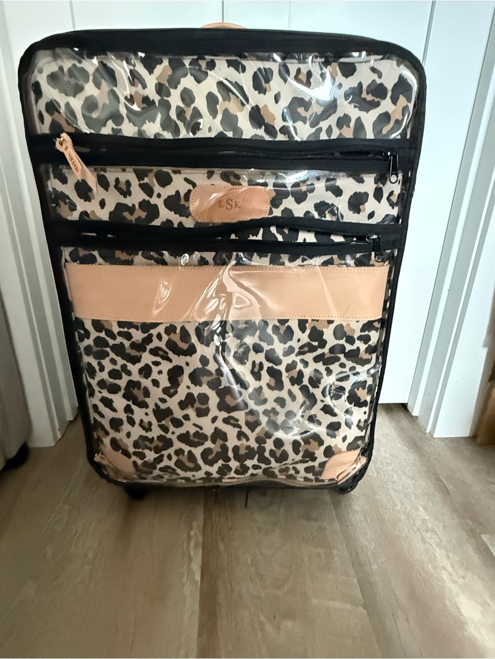 Jon Hart Leopard Rolling Luggage with Natural Leather Trim